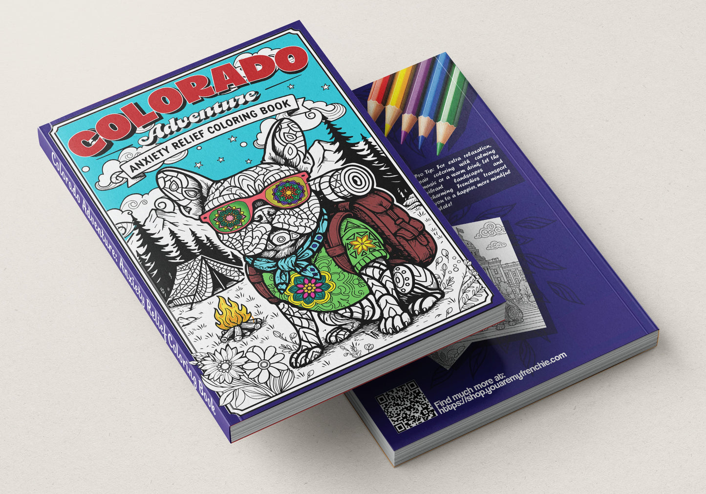 Coloring book with a french bulldog illustration on the cover, featuring Colorado-themed design, on a white background.