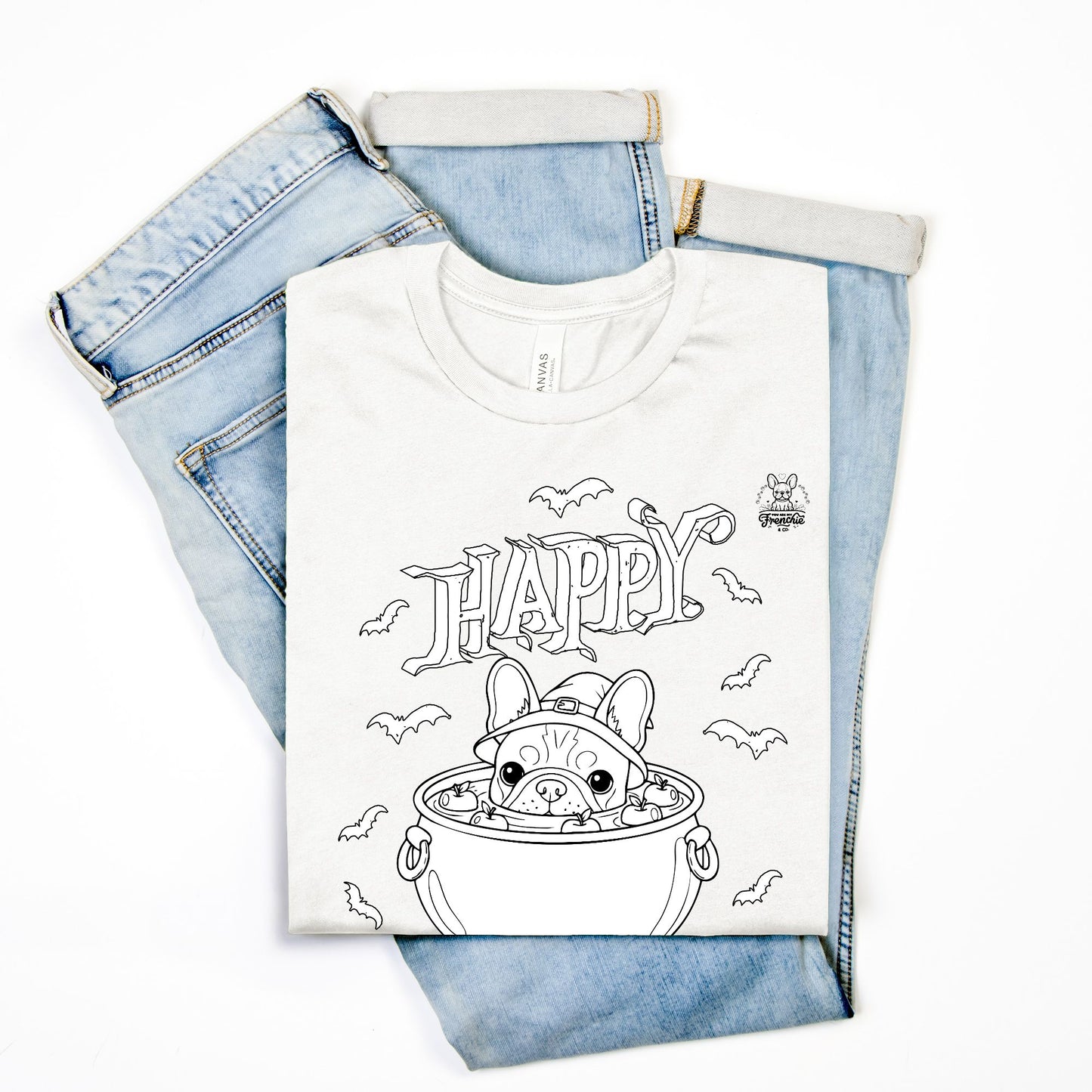 Happy Halloween Frenchie Color-It Tee (Unisex, White)