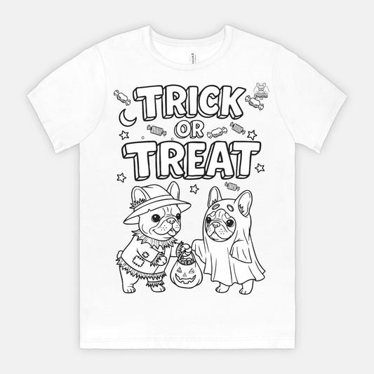 DIY Color-It Bulldog Trick-or-Treat Tee – Halloween Dog Lovers Shirt (Unisex, White)