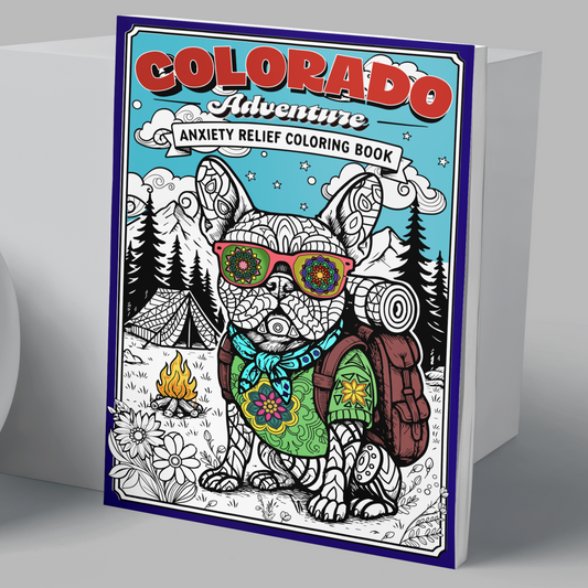 Colorado-themed mandala coloring book with a french bulldog illustration on a gray background