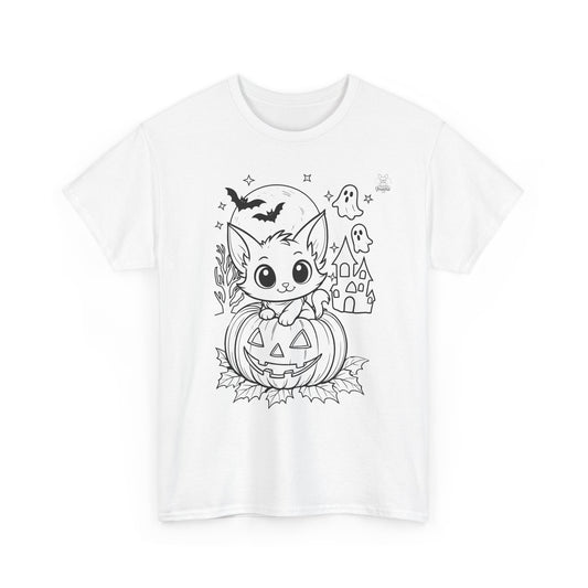 Happy Halloween Kitty DIY Coloring T-Shirt – Unisex Heavy Cotton Tee – Creative Color-It Shirt for Kids & Adults