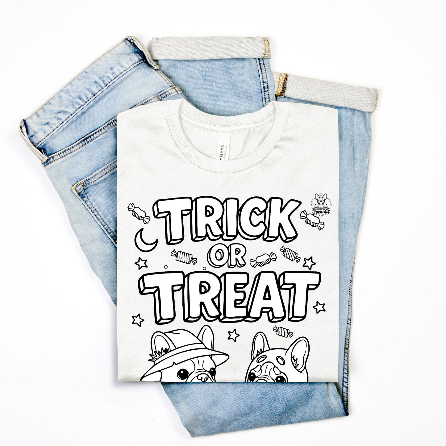 DIY Color-It Bulldog Trick-or-Treat Tee – Halloween Dog Lovers Shirt (Unisex, White)