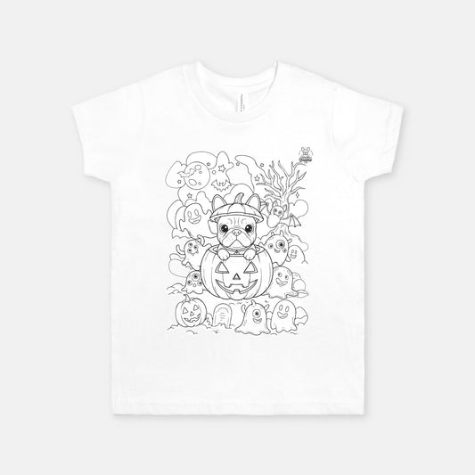 Color-Your-Own Halloween Pup & Ghosts Kids Coloring T-Shirt (Unisex, White)